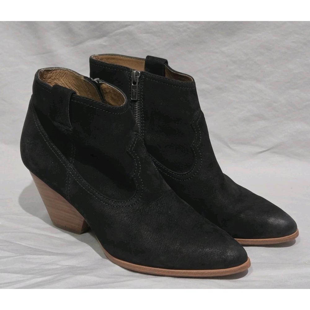 FRYE Reina Black Leather Ankle Booties Womens Size 9 M Side Zip Cone Heel